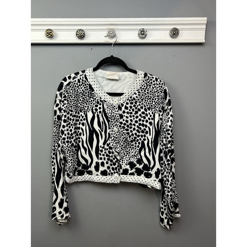 Nativewear Designs Cropped Jacket Women Large Black‎ White Button front Animal